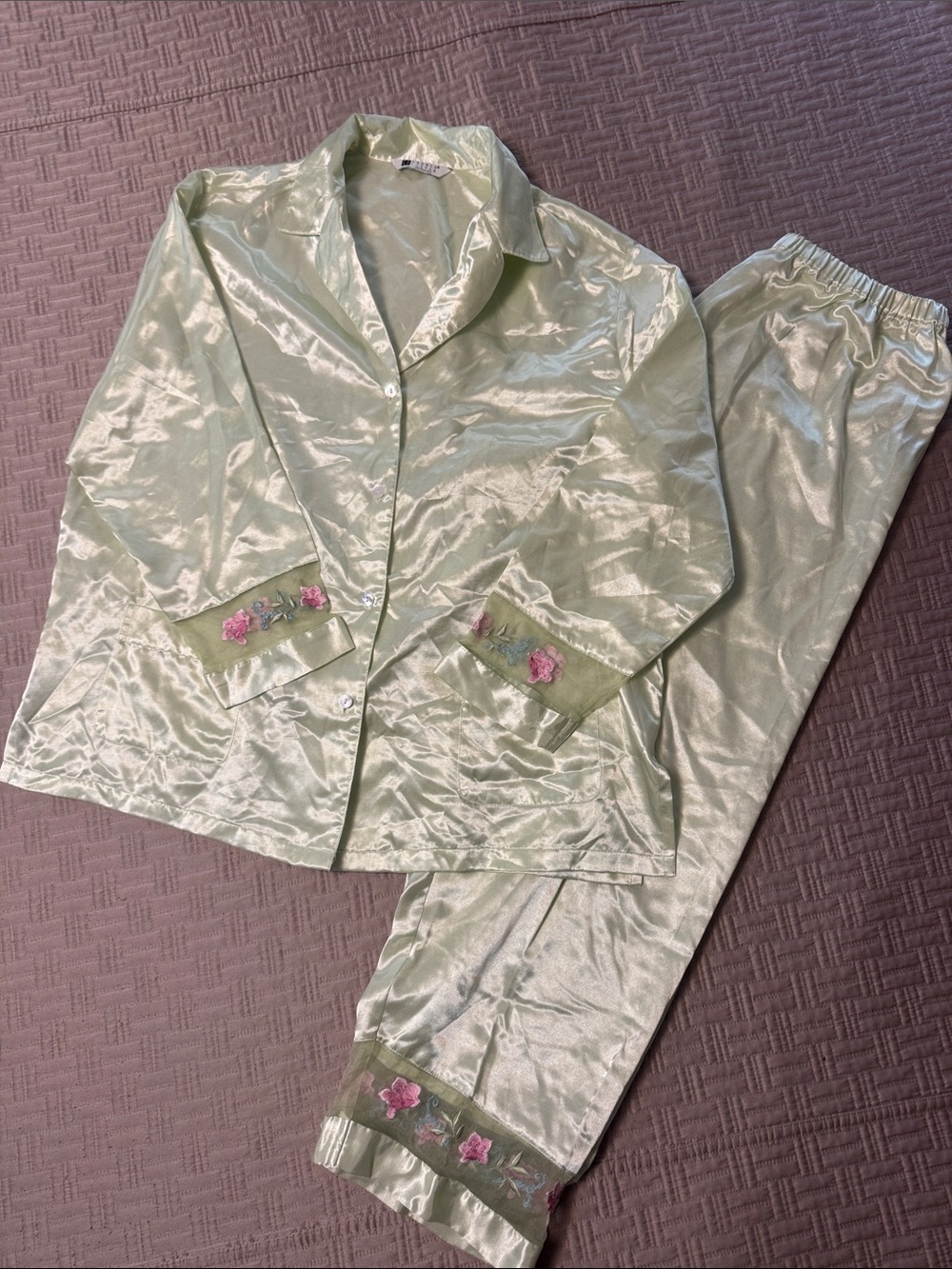 Carole Little Silky Lime Green Pajama Set with Pink Floral Trim